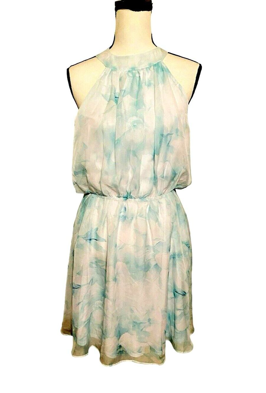 Cato Est 1946 Chiffon Dress Womens L Blue Green Florals Neck Tie Sash Romantic